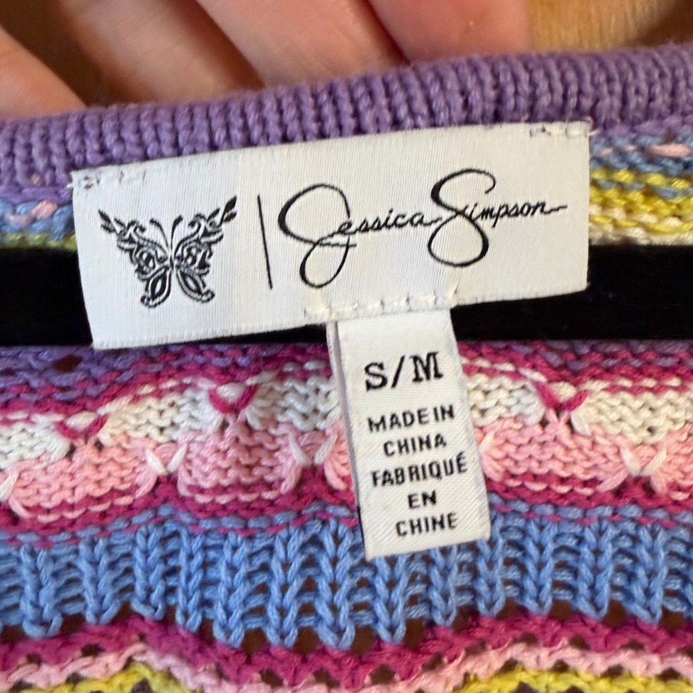 Jessica Simpson Multi Color Chevron Pointelle Knit Open Front Cardigan S/M - Picture 7 of 8